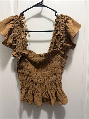 mine Smocked Ruffle Sleeve Crop Top - Brown